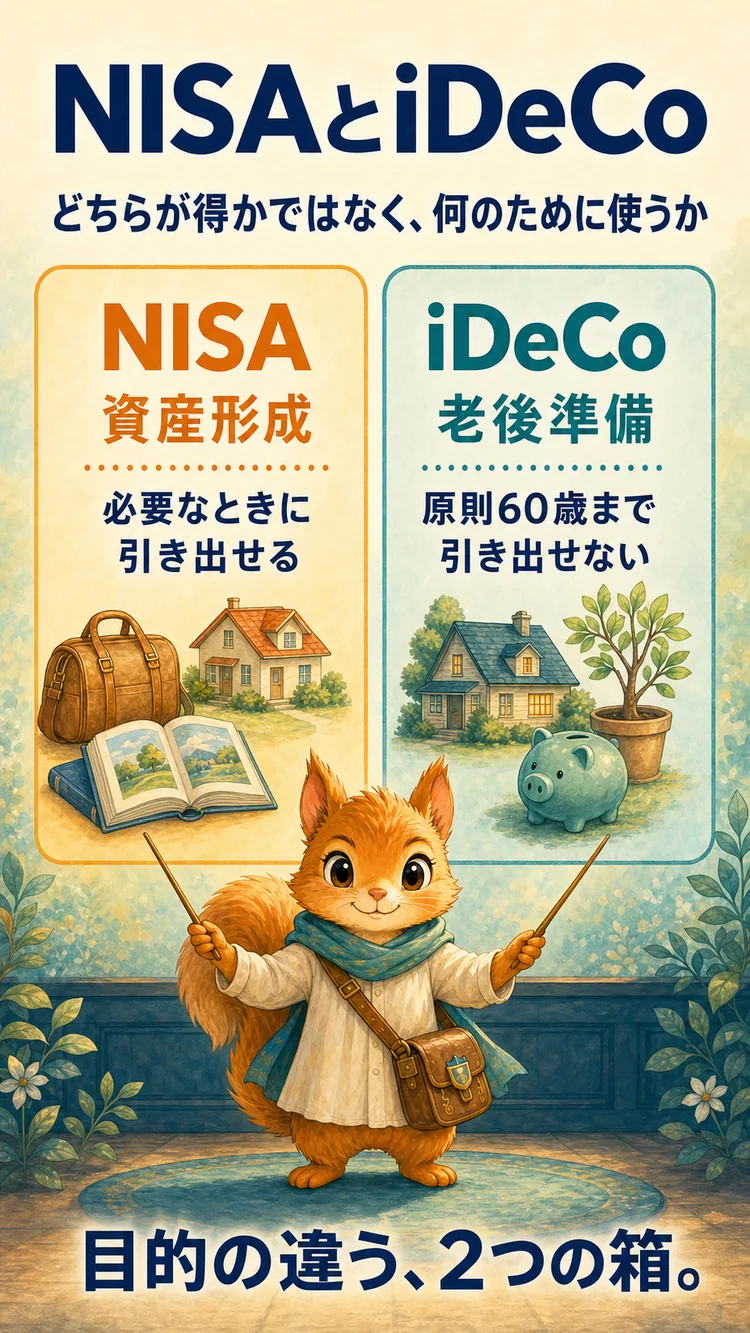NISAとiDeCoで備えるお金の役割を比べる図