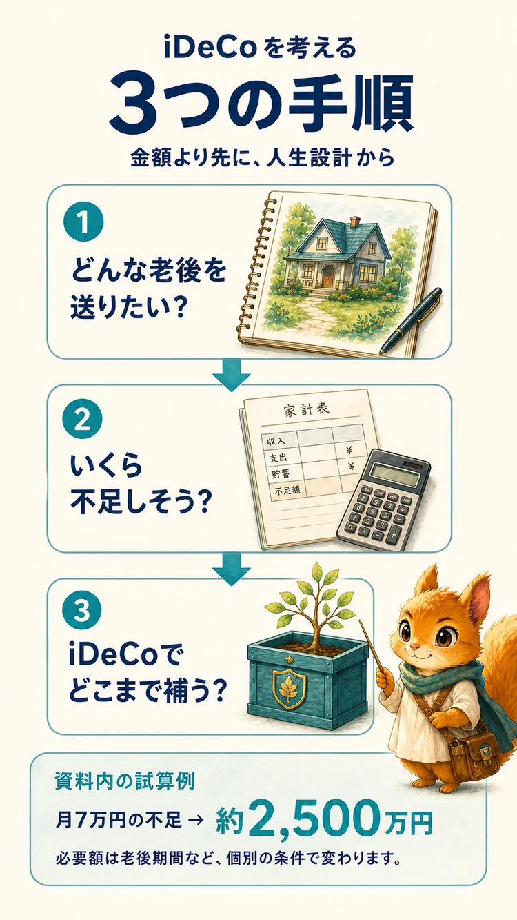 望む老後、不足しそうな金額、iDeCoで補う範囲を考える3つの手順を示す図